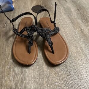 American Eagle Outfitters Black Braided Thong Sandals with Tan Footbed